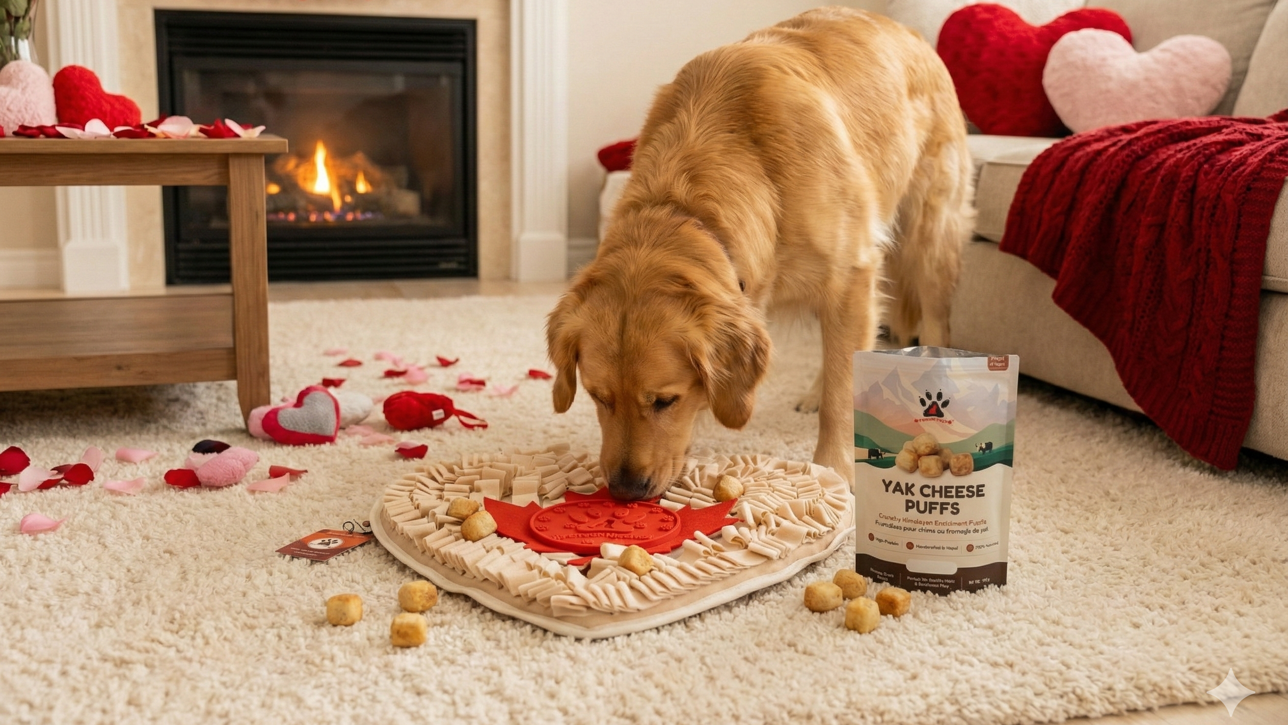 Dog sniffing a heart-shaped mat with treats on a Valentine's Day decorated living room floor.