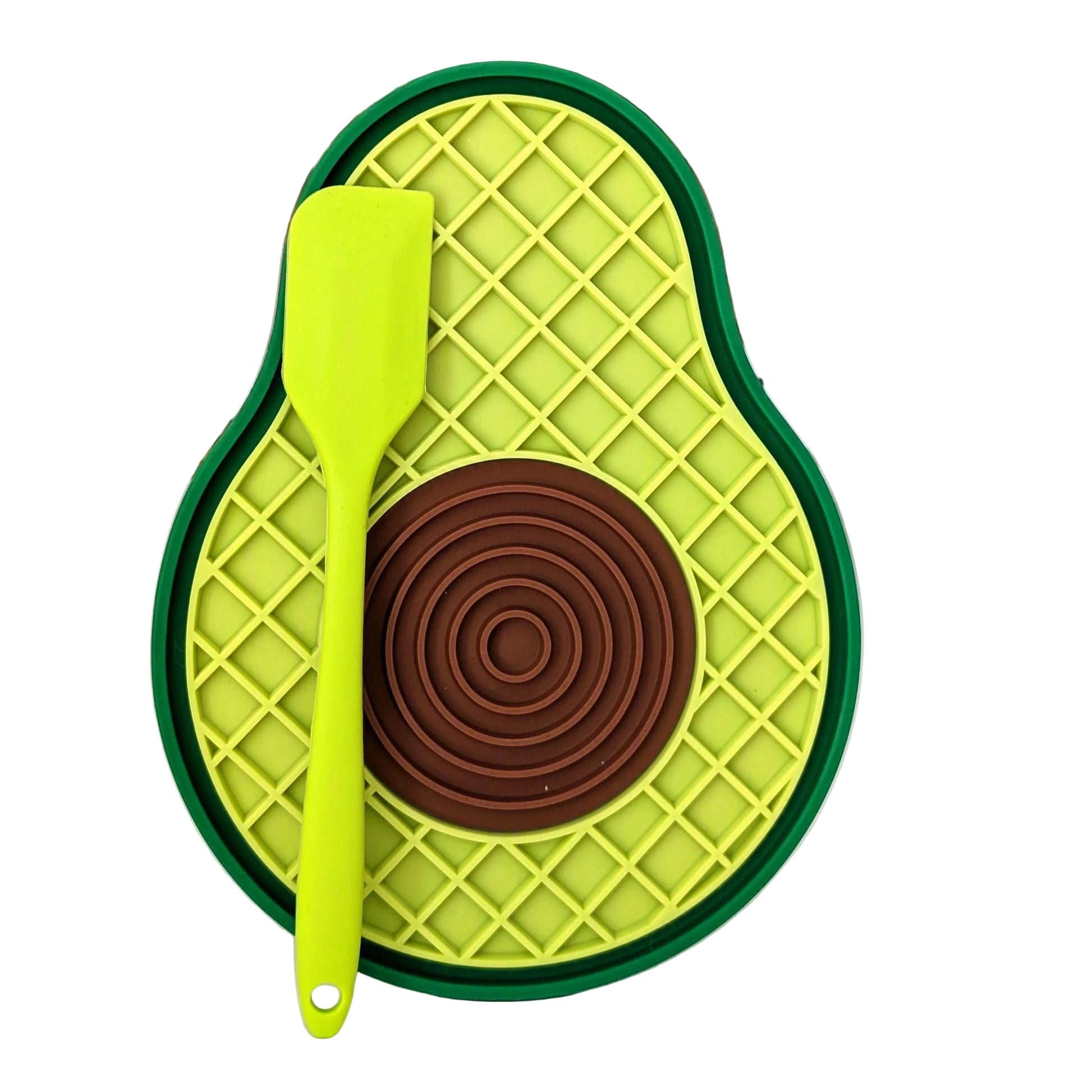 Avocado-shaped silicone mat with a green spatula on a white surface