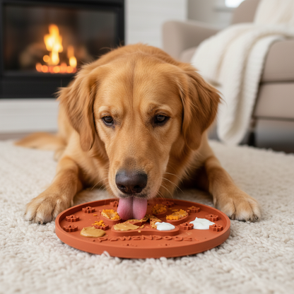 Dog interacting with a puzzle toy on a carpeted floor with a fireplace in the background